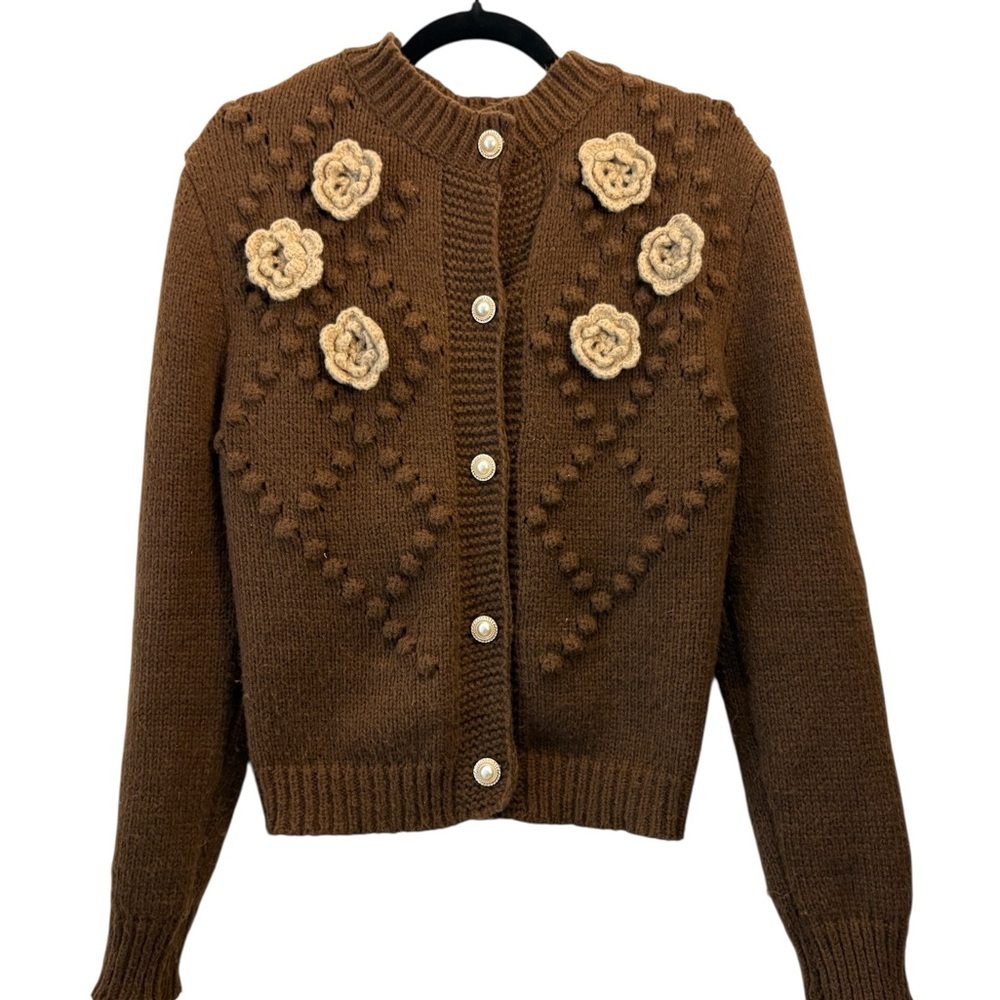 Alice Blue Brown Cardigan with Cream Floral Accents Size Medium Cottagecore